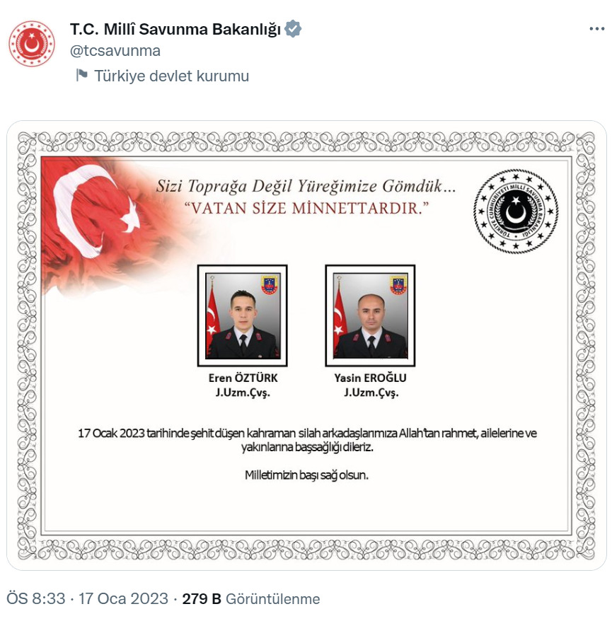 MSB Kahreden Haberi Duyurdu: 2 Askerimiz Şehit Oldu