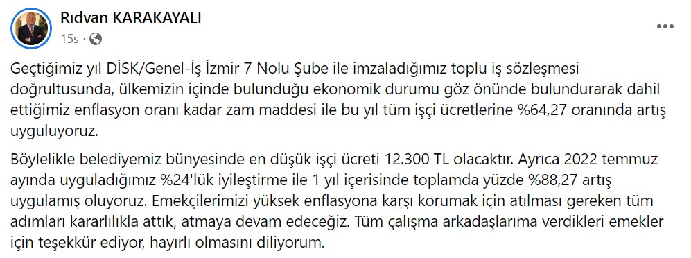 Yüzde 64 Zam Müjdesi! En Düşük İşçi Maaşının 12.300 TL Olduğunu Belediye Başkanı Açıkladı