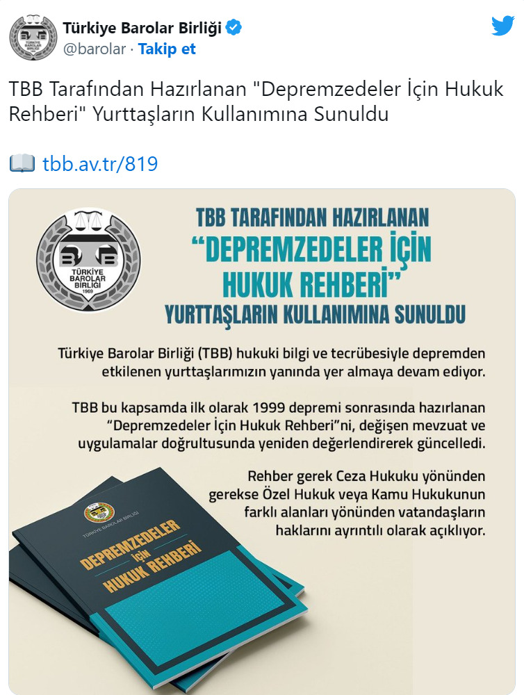 TBB Depremzedeler İçin Hukuk Rehberi Kitapçığını Yayımladı