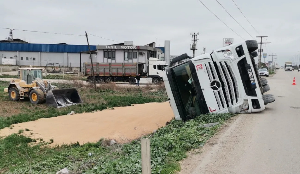 Buğday Yüklü Tır Devrildi: Sürücüsü Yaralandı