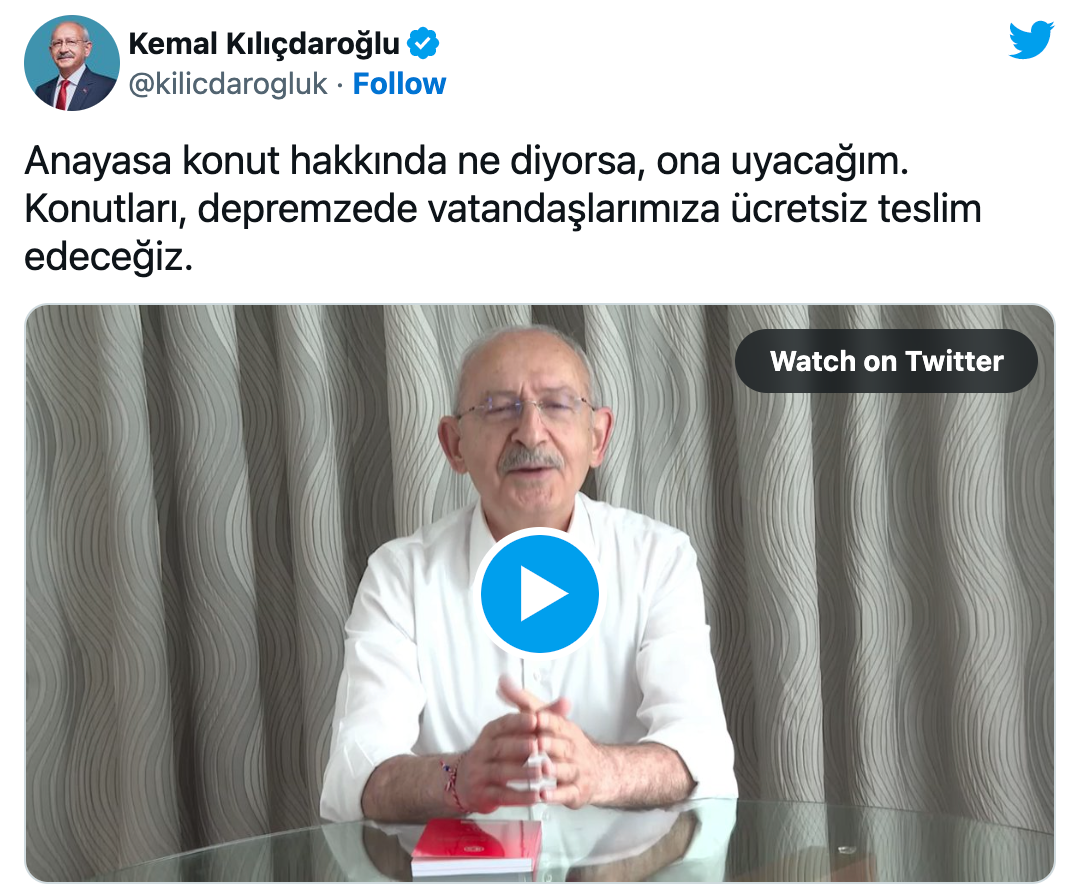 Kılıçdaroğlu: Depremzedelere Ücretsiz Konut Vaat Değil, Yükümlülüktür!