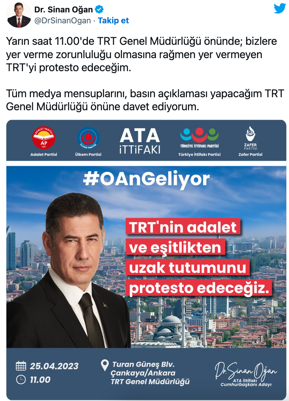 Sinan Oğan'ın Protestosuna 1 Saat: TRT Önünde Açıklama Yapacak