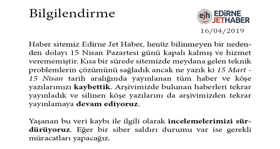 Bilgilendirme (16 Nisan 2019)