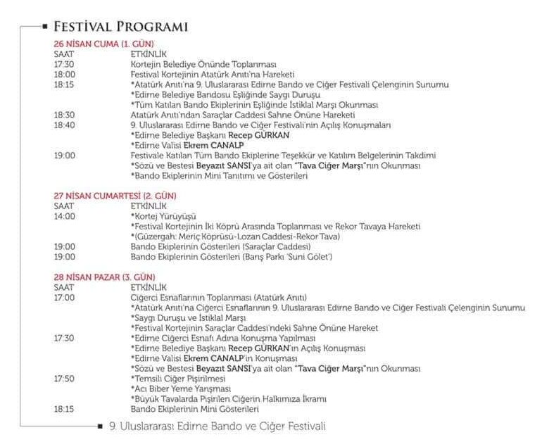 9. Uluslararası Edirne Bando ve Ciğer Festivali Programı Belli Oldu