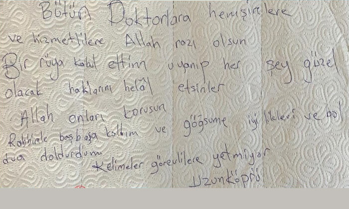 Koronavirüsü atlatan hastadan teşekkür notu