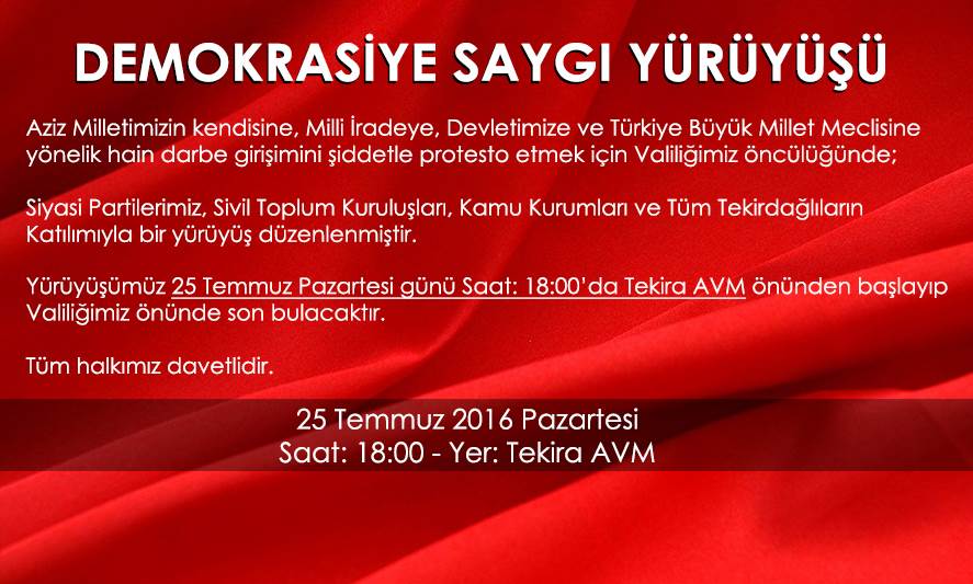 Tekirdağ'da Demokrasiye Saygı Yürüyüşüne Davet