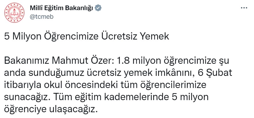 Milyonlarca Öğrenciye Ücretsiz Yemek Verilecek! Milli Eğitim Bakanı Tarihi Açıkladı